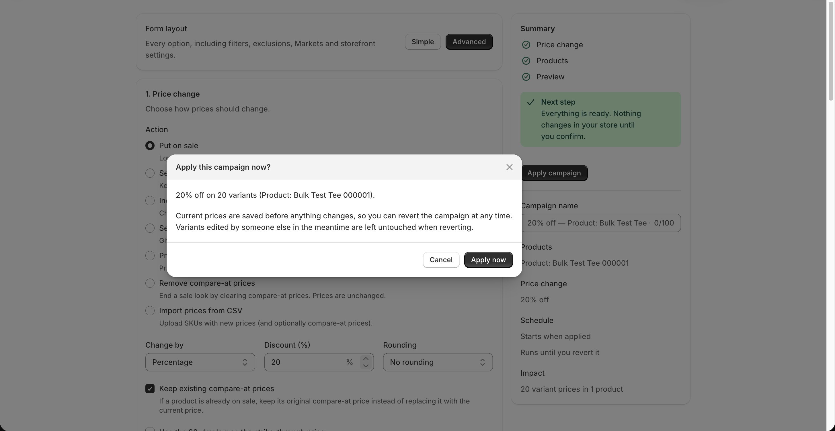 Final confirmation dialog before applying a price campaign