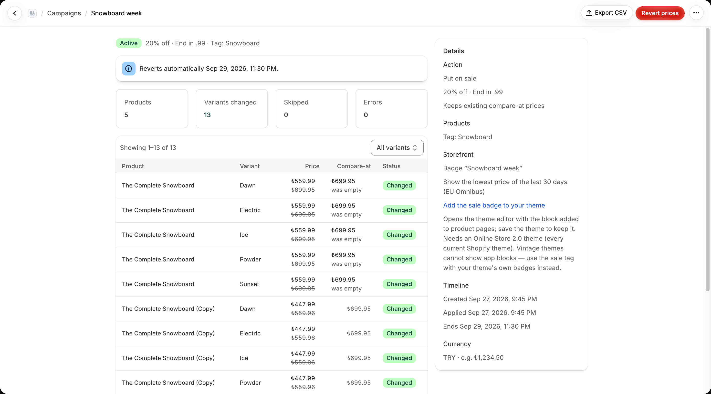 Active campaign detail showing changed variants, export, and Revert prices