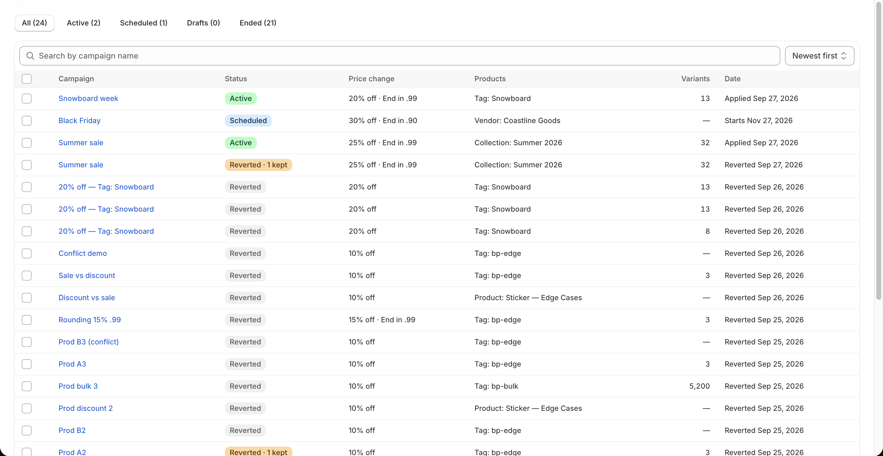 Campaign list showing active, scheduled, and reverted examples with status and target columns