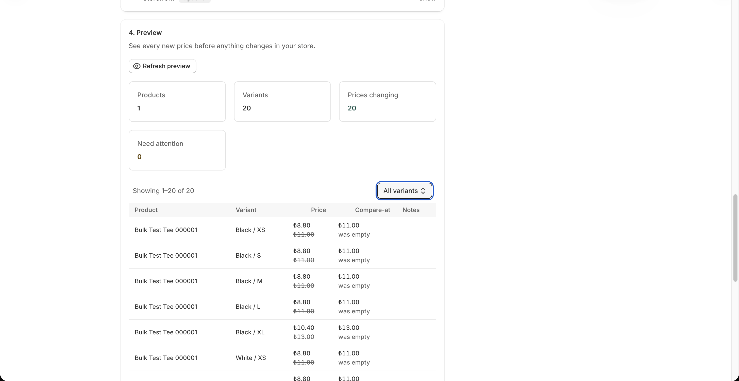 Price preview with counts and before-and-after variant prices