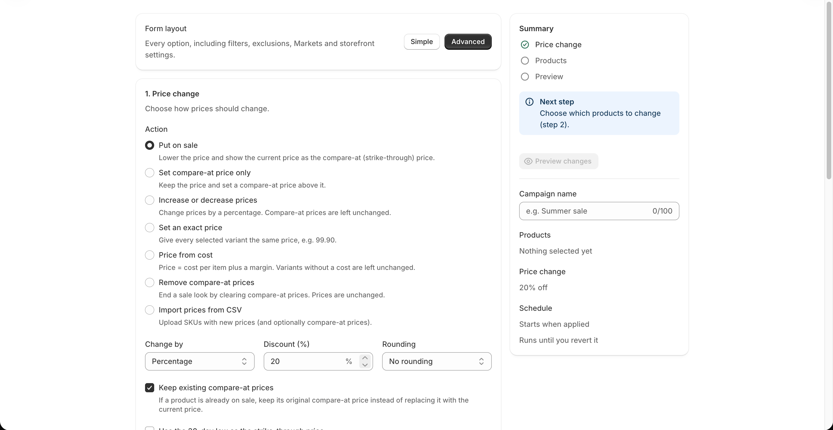 Price change form showing Put on sale, a percentage discount, rounding, and compare-at options