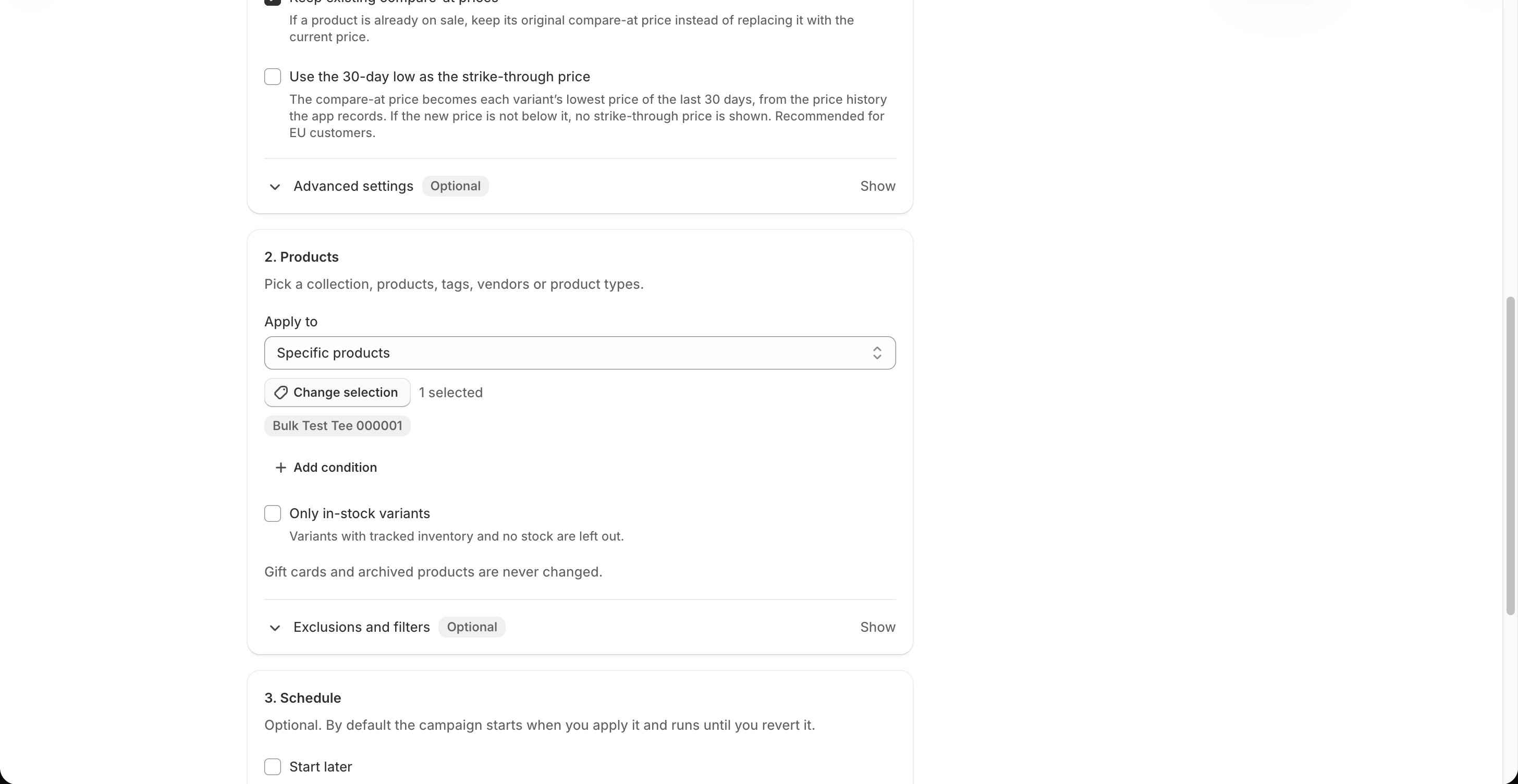 Products step with one specific product selected
