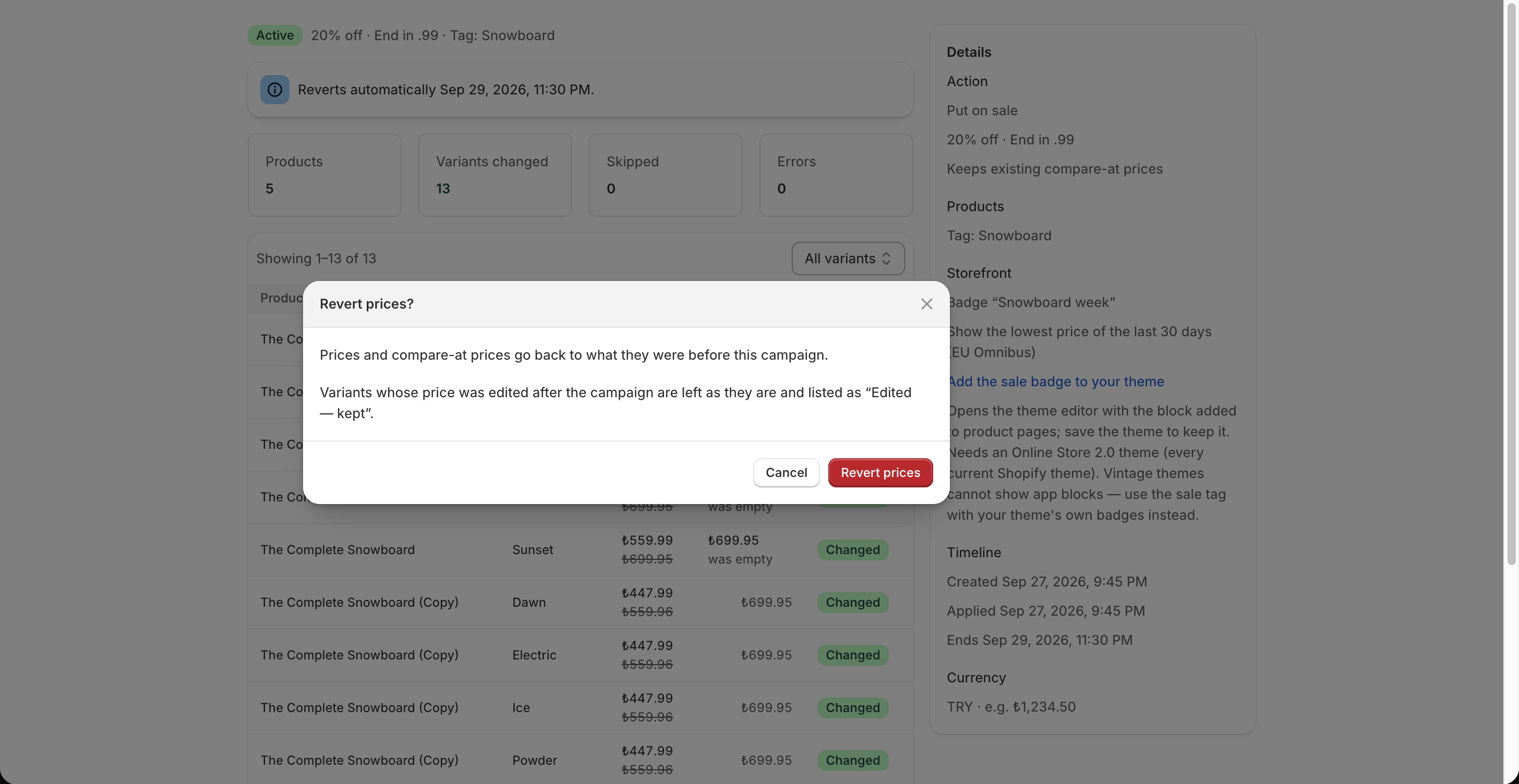 Revert confirmation dialog explaining how later edits are handled