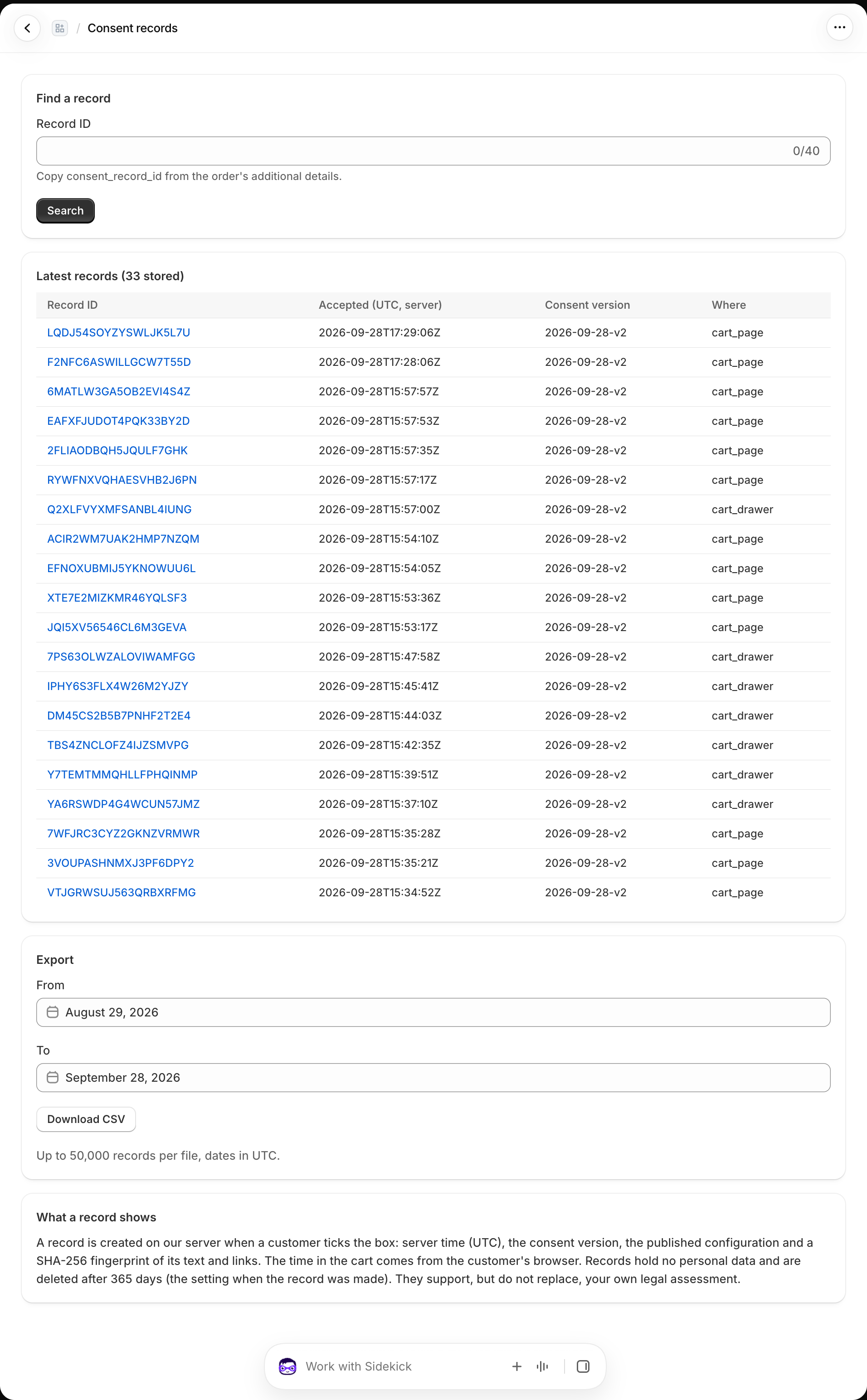 Consent records page with search, recent records, and export