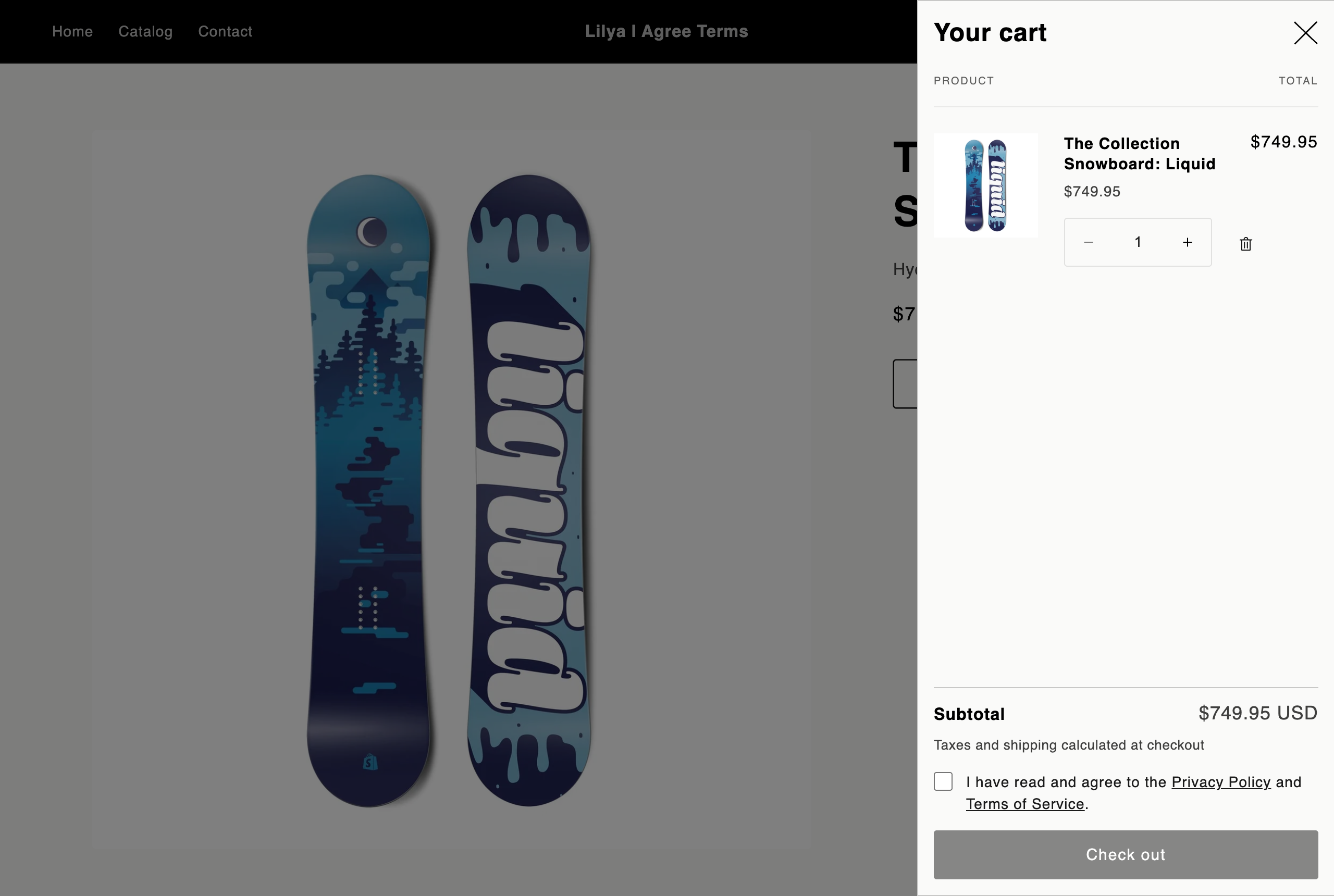 Cart drawer with the terms checkbox above checkout