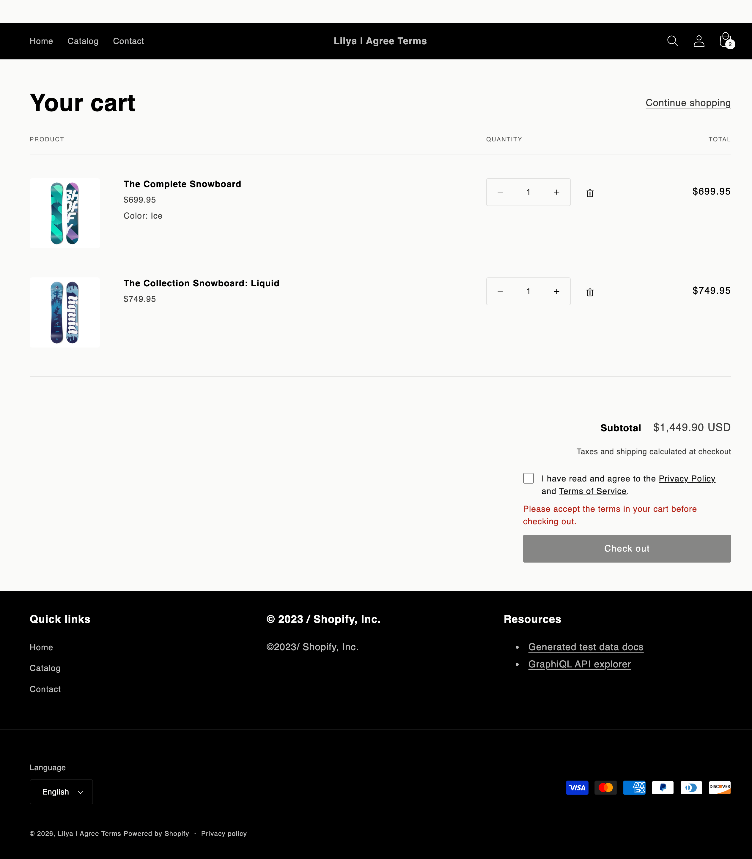 Cart page showing the checkbox and an error above the checkout button