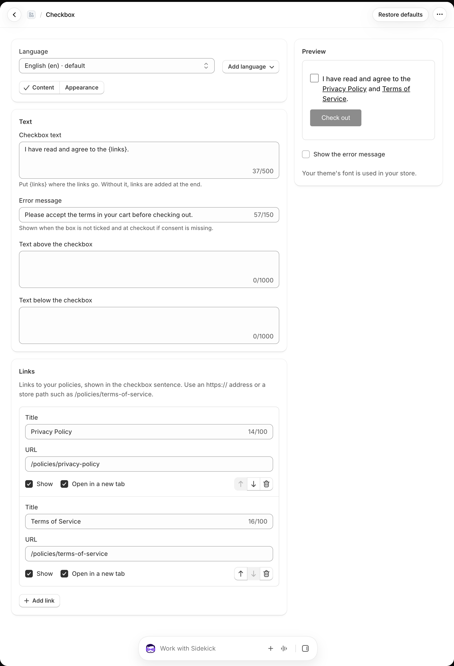 Checkbox editor with text, policy links, and a live preview