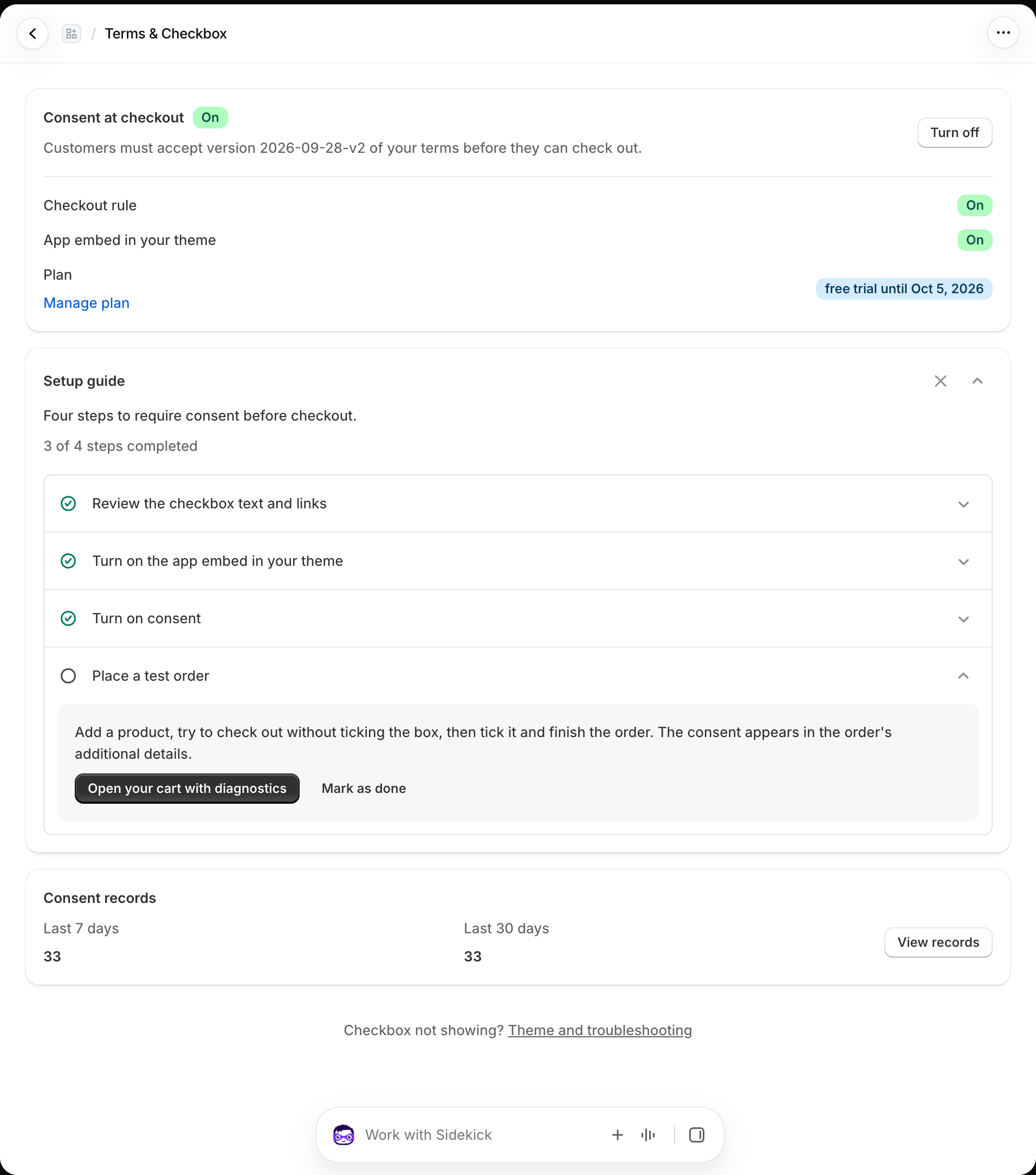 App home showing consent, checkout rule, and theme embed status