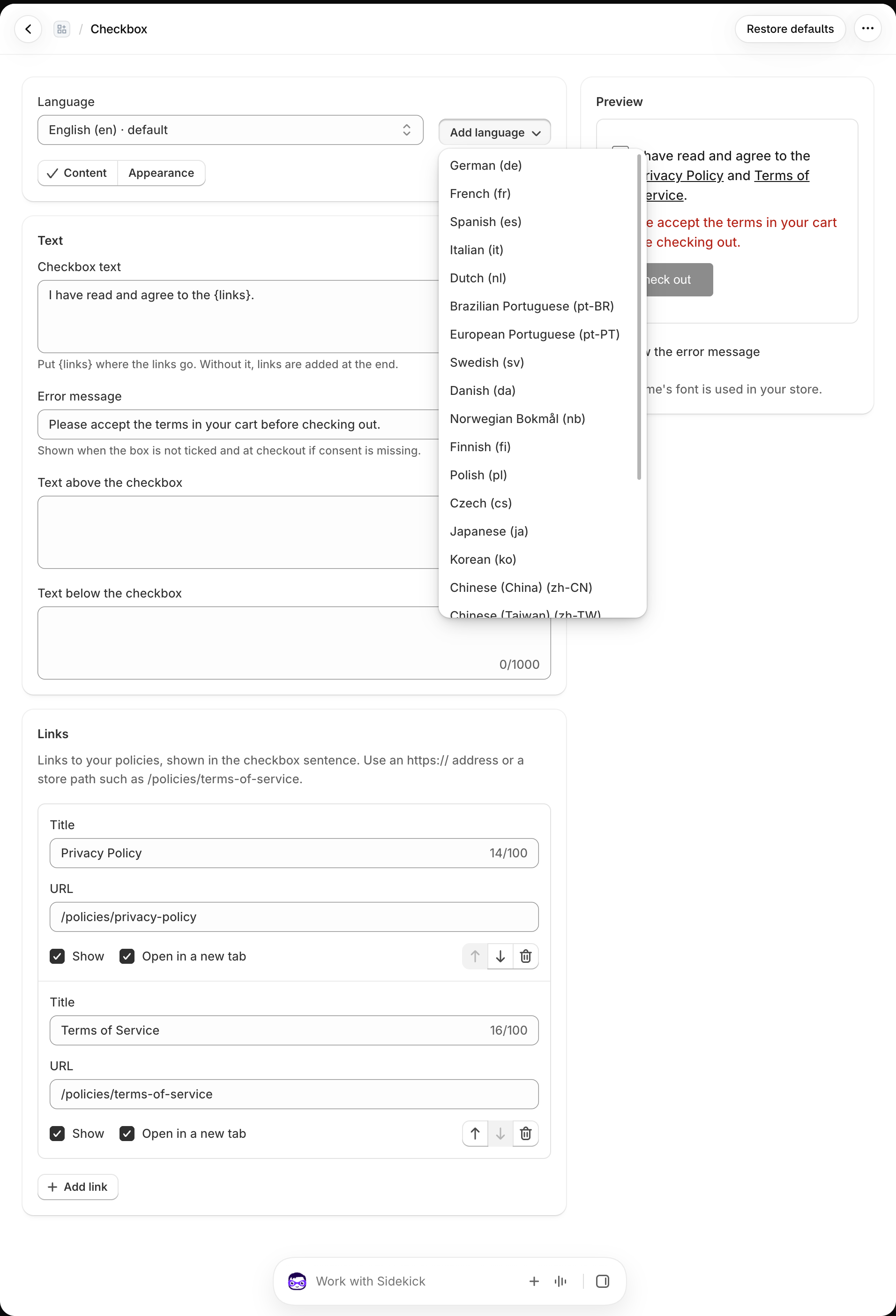 Language picker in the checkbox editor