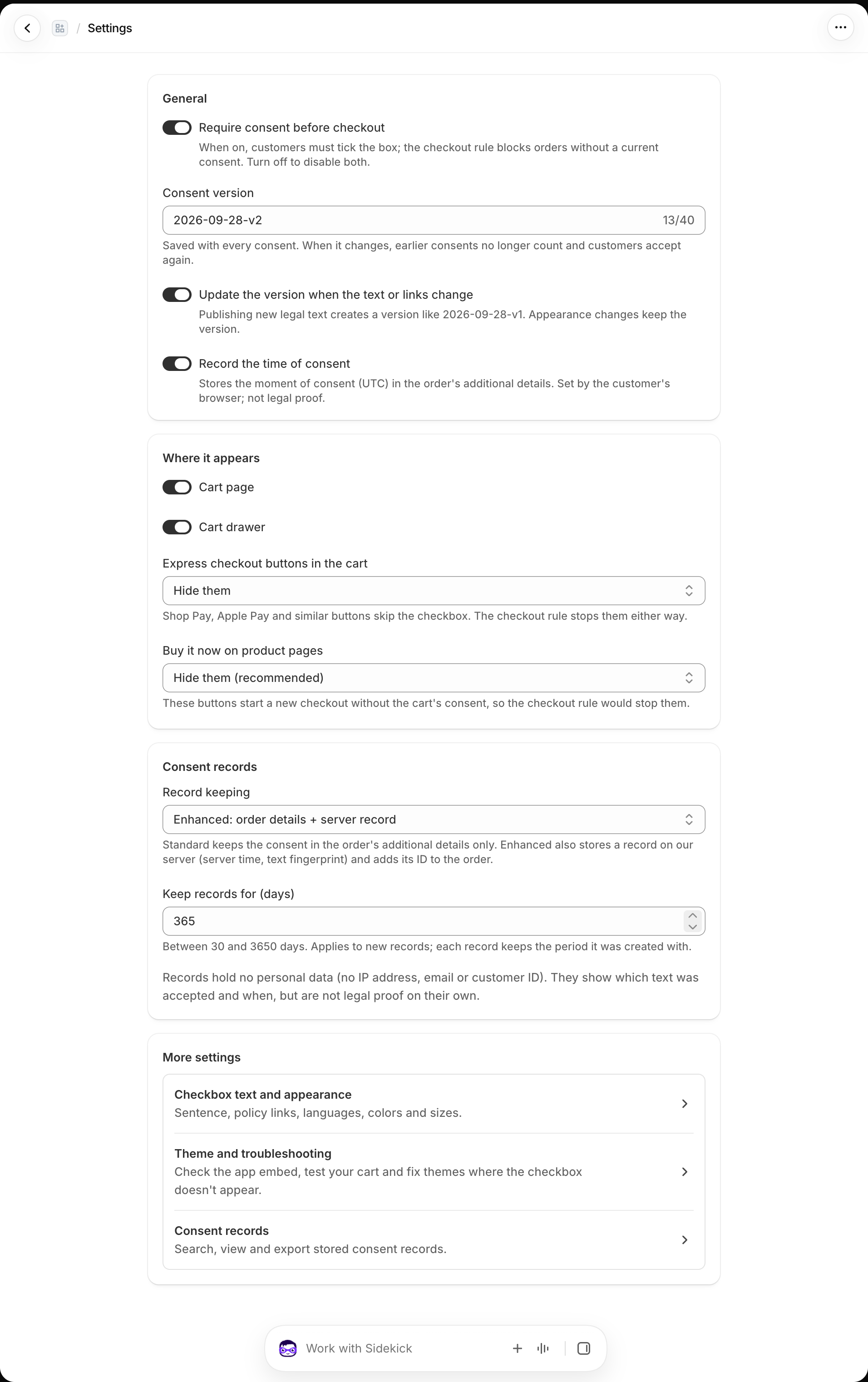 Settings page showing consent and storefront behavior options