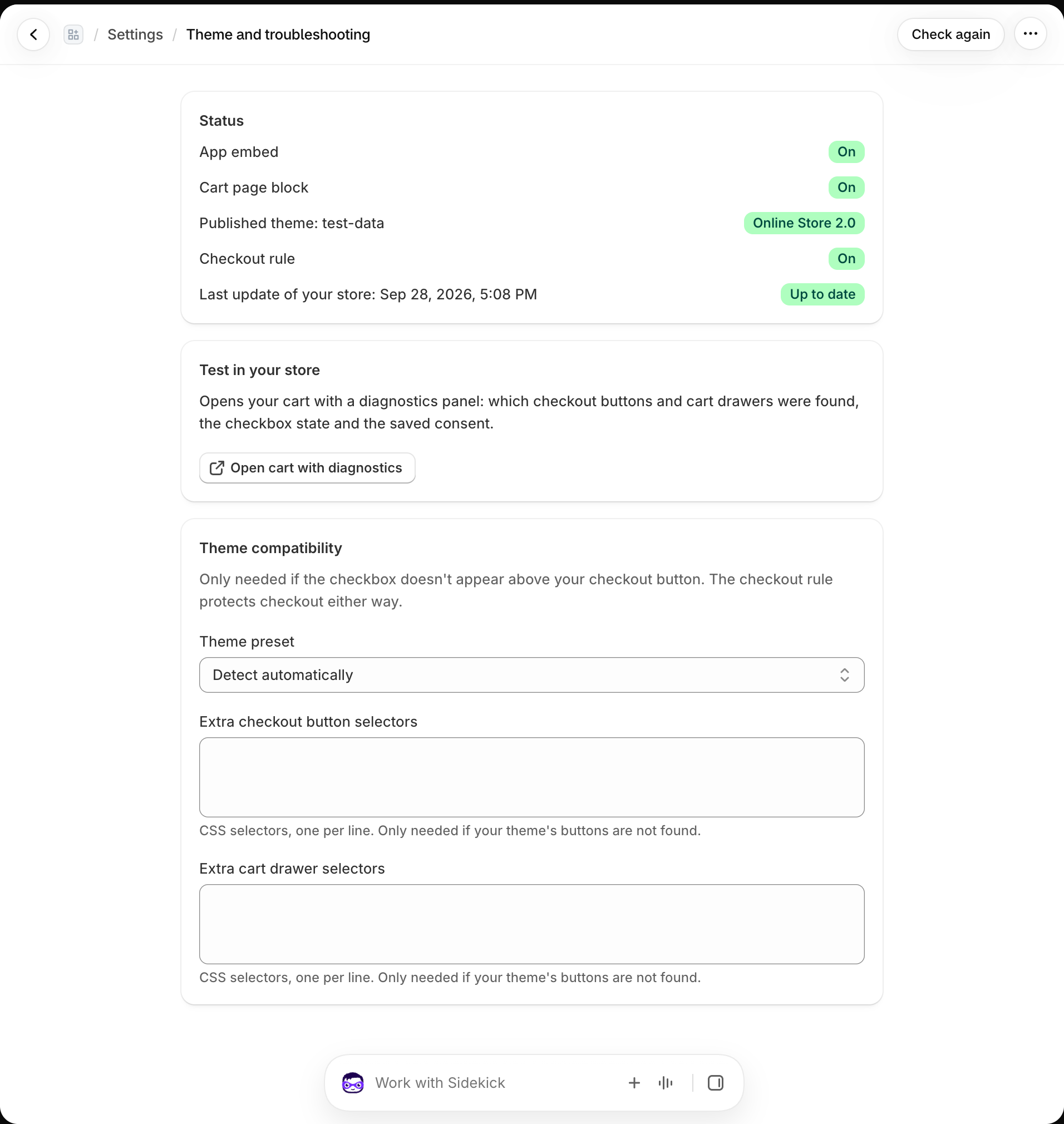 Theme and troubleshooting page with embed and checkout rule status